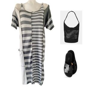 GIL AIMBEZ FOR STATIC LAGENLOOK VINTAGE GRAY STRIPED COLD SHOULDER DRESS SZ M